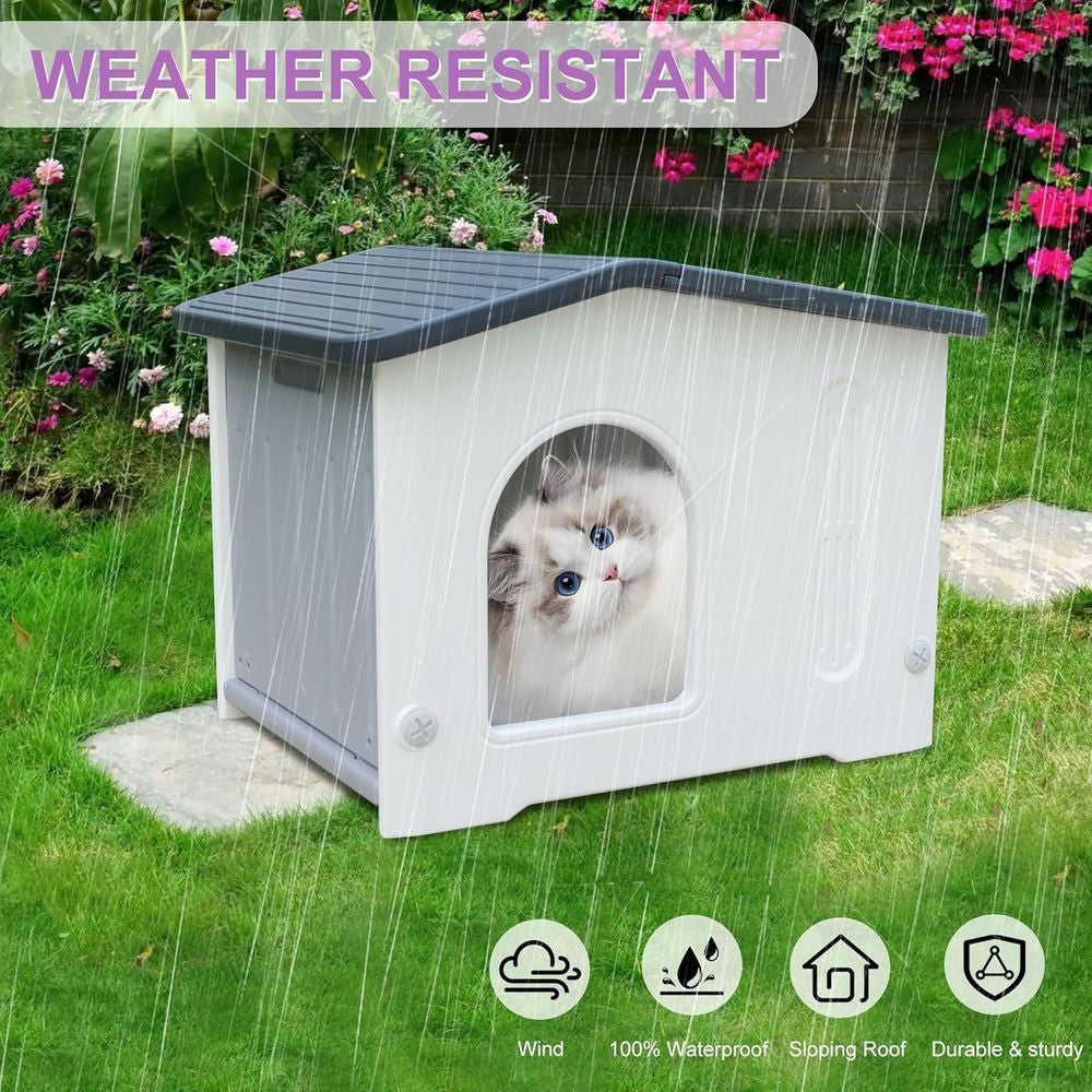 Abrigo para Gatos Cinza à Prova D'Água para Exteriores com Saída de Emergência para Gatos de Rua e Domésticos, Fácil de Montar