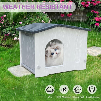 Abrigo para Gatos Cinza à Prova D'Água para Exteriores com Saída de Emergência para Gatos de Rua e Domésticos, Fácil de Montar