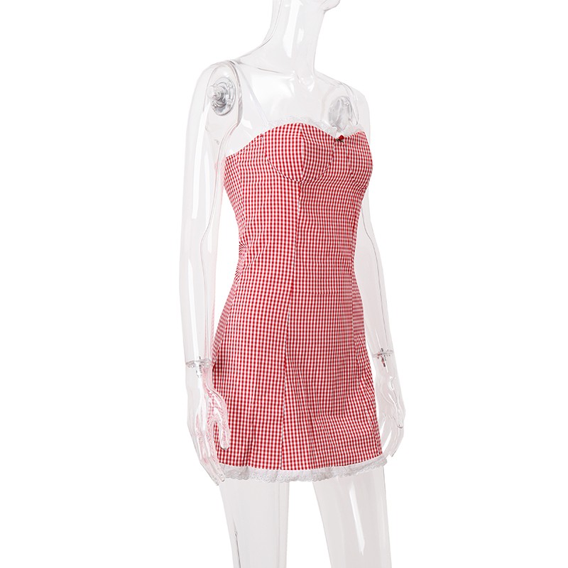 WhereMery Plaid Y2K Lace Vintage Spaghetti Strap Mini Dresses Backless Aesthetic