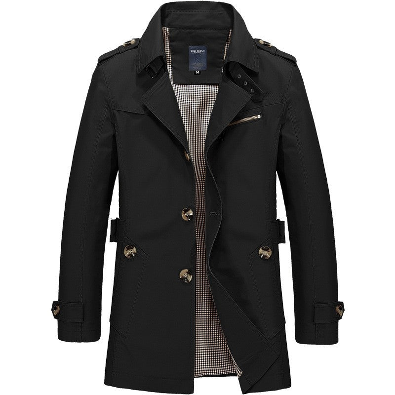 Men's Spring and Autumn New Fashion Casual Cotton Trench Coat, Solid Color Lapel Single-breasted Mid-long Splicing Trench Coat