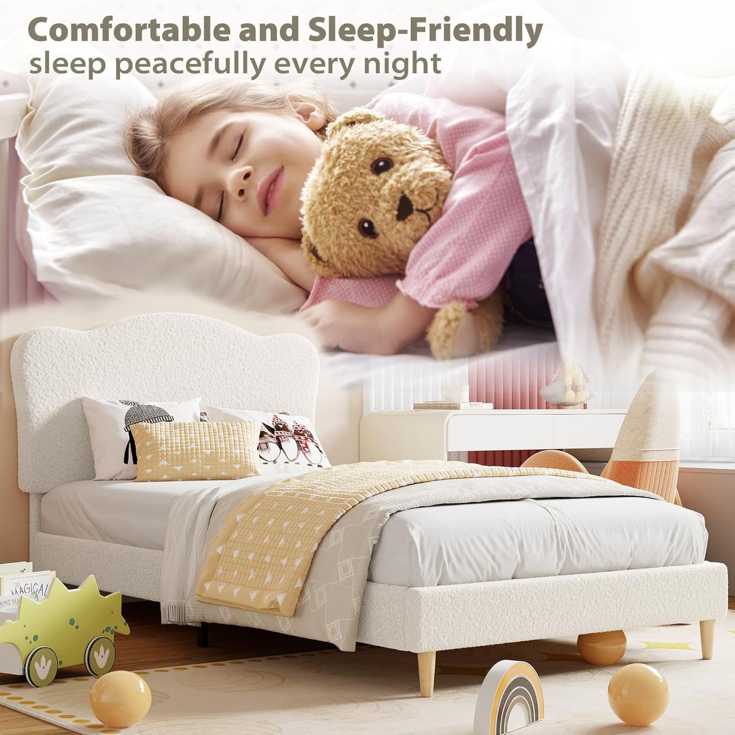 Upholstered Twin Size Bed Frame for Kids with Scallop Headboard, Cute Velvet Twin Bed for Girls, Boys, Sturdy Platform B