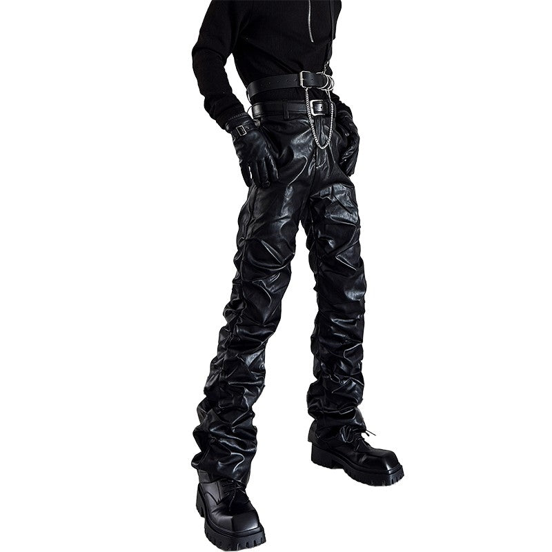 Mauroicardi Spring Autumn Cool Long Ruched Soft Black Pu Leather Stacked Pants for Men Luxury Designer Cyberpunk Rock Clothes