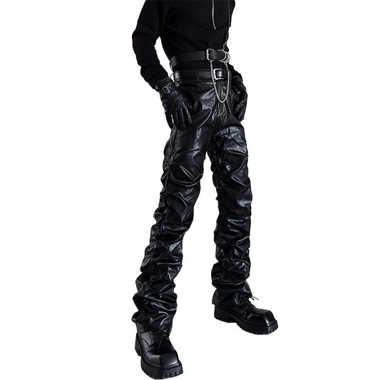 Mauroicardi Spring Autumn Cool Long Ruched Soft Black Pu Leather Stacked Pants for Men Luxury Designer Cyberpunk Rock Clothes