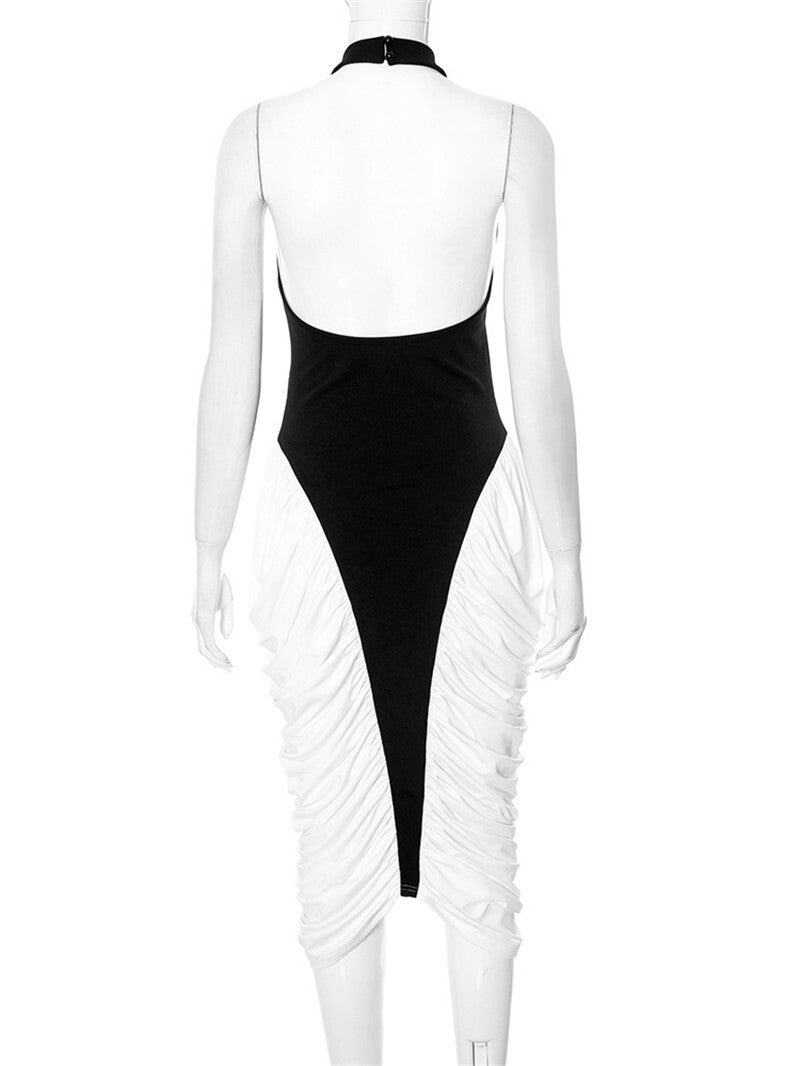 Mozision Patchwork Halter Backless Sexy Midi Dress Women Gown Elegant Fashion Co