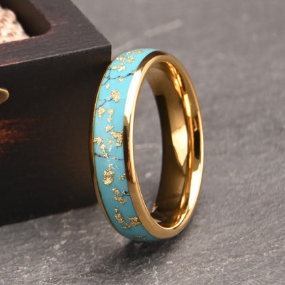 Anel de Tungstênio com Inlay de Turquesa e Folha Dourada Quebrada 6MM Aliança Banhada a Ouro para Homem Mulher Joia Design de Luxo Presentes