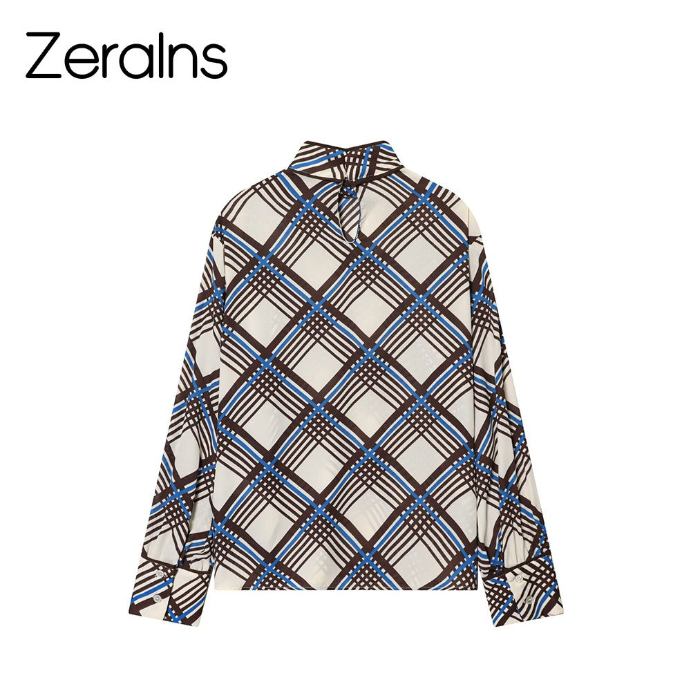 ZERAINS 2025 autumn new women's clothing loose casual temperament simple long sleeved plaid high neck shirt