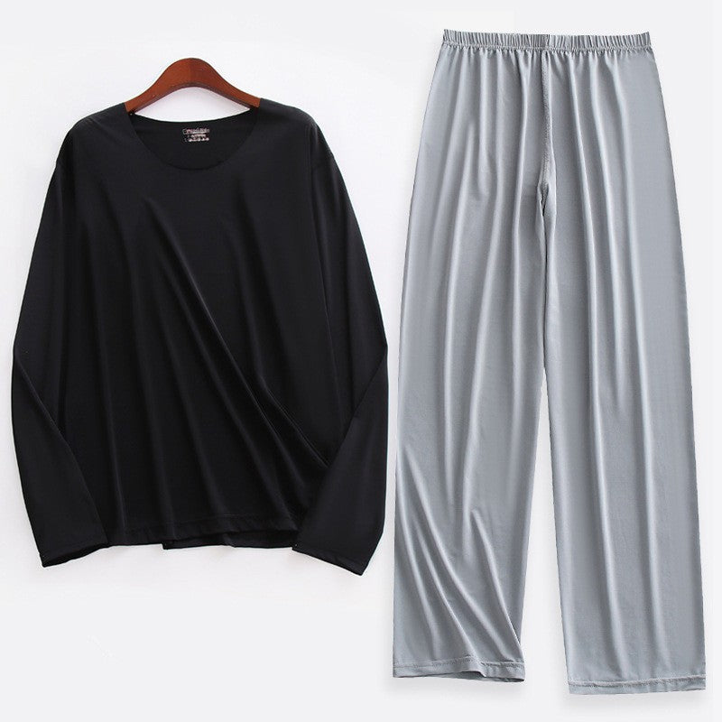 Plus Size 5XL Men Ice Silk Pajama Set Solid Long Sleeve Tops and Pants Sleepwear 2pcs Sets Soft Comfy Lounge Home Nightwear Male