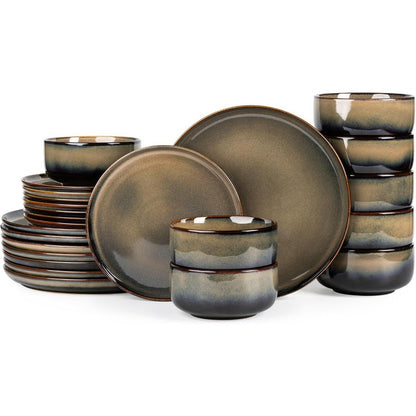 Ceramic Dinnerware Sets for 8 24 Pieces Handmade Reactive Glaze Plates and Bowls Set Scratch Resistant Dish Set Oven and Microw