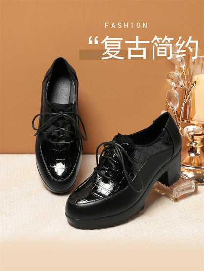 Deep Mouth Soft Leather Shoes Women Oxfords Platform Pumps High Heels Shoes Black Lace up Office Work Pumps Shoes Comfortable