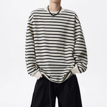 Lazy Style Striped Loose T Shirts Men's Long Sleeve All-match Youth Street Casual Tops Spring Autumn Korean Trend Men Clothing