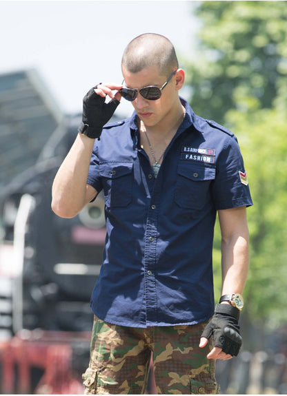 Summer Tactical Shirt Men Brand Cotton  Badge Short Sleeve Cargo Shirts Mens Solid Air Force Bomber Tops Big Size 6XL