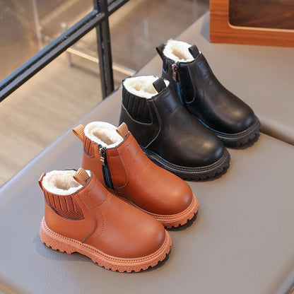 21-30 Kids Ankle Boots for Little Boys Girls Thermal Snow Boots Fashion PU Leather Children Short Rubber Boots with Thick Plush