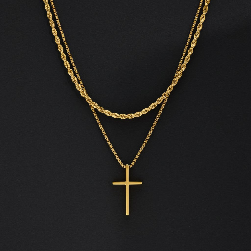 Colar com Pingente de Cruz em Aço Inoxidável 2 Peças para Homens Aço Titânio Corrente de Corda Torcida Gargantilha Feminina Joias de Moda Punk