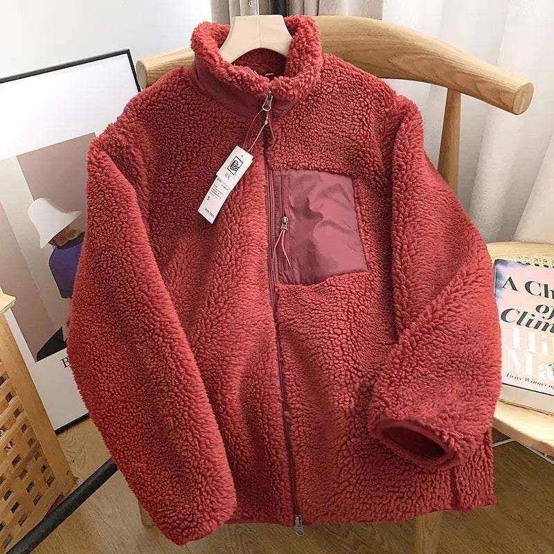 Autumn and Winter Japanese Men's and Women's Fleece Stand Neck Jacket Couple Zipper Loose Warm Lamb Wool Coat Solid Color Jacket