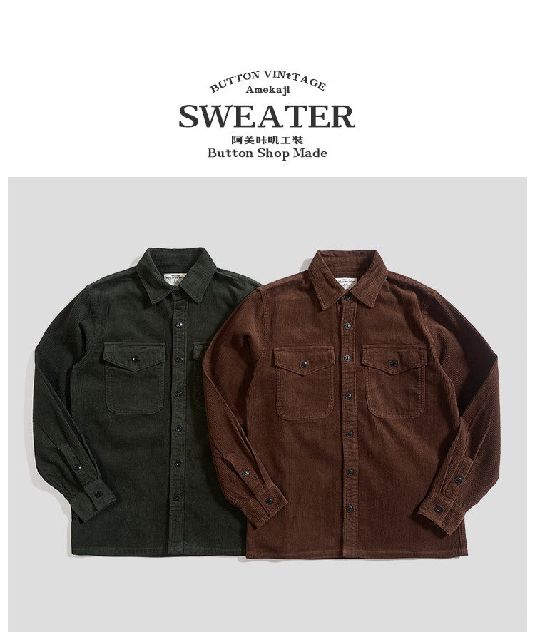 Autumn and Winter New American Retro Thick Corduroy Solid Color Cargo Shirt Men's Pure Cotton Long-sleeved Pocket Casual Blouses