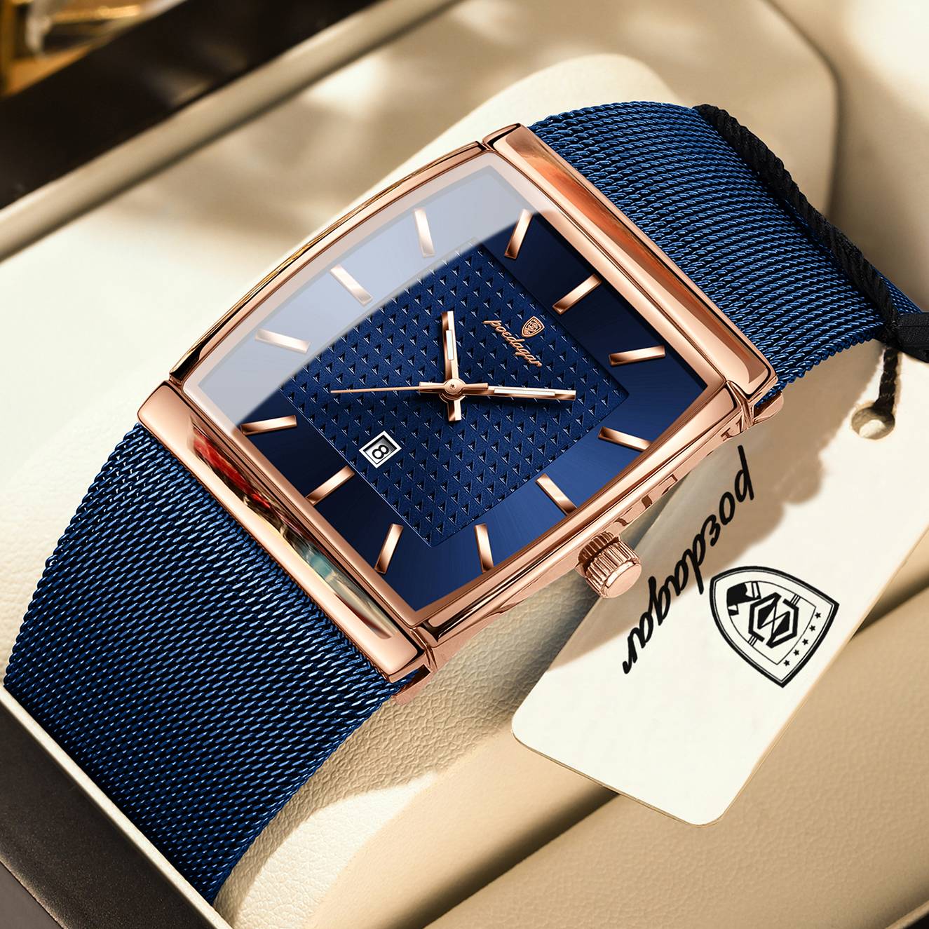 POEDAGAR Top Luxury Men Watch Stainless Steel Mesh Date Waterproof Luminous Man Wristwatch Casual Rectangle Quartz Men's Watches