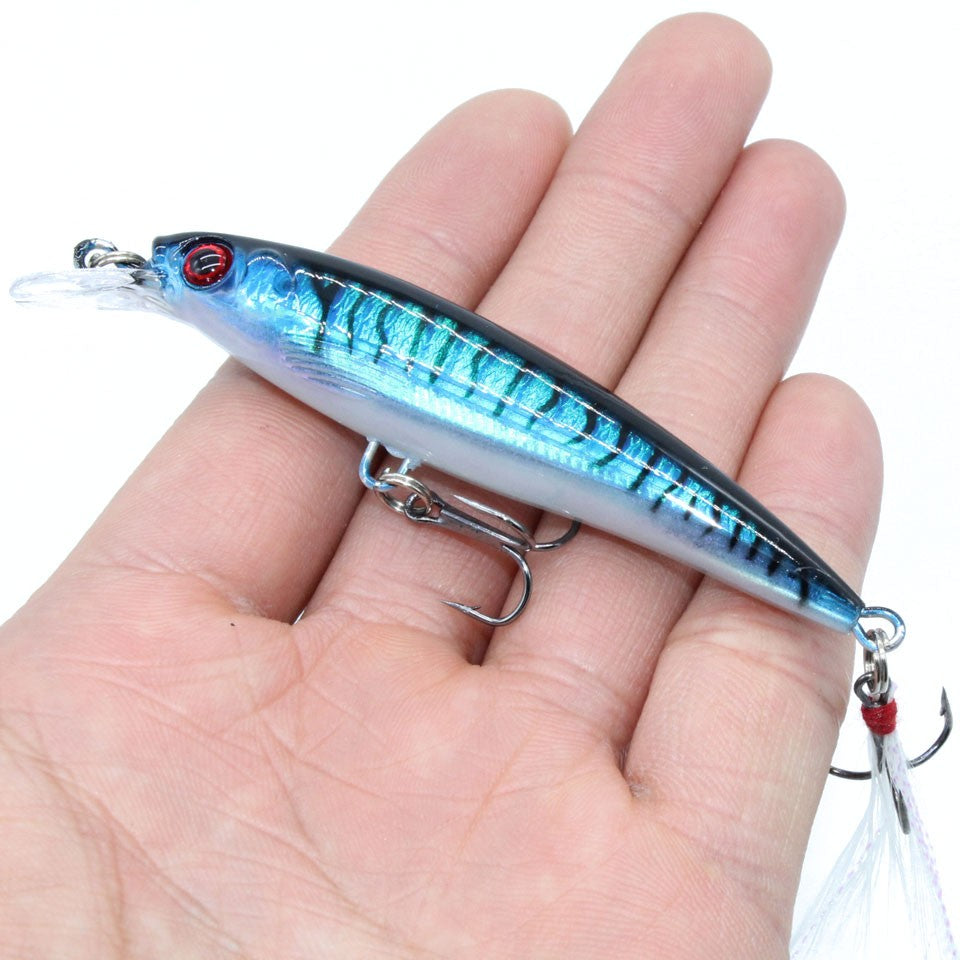 Isca de Pesca Laser Minnow 10/5 Peças Biónica Artificial 9cm/7g Isca Dura Flutuante com Anzol de Pena Wobbler Pesca para Baixo Lúcio