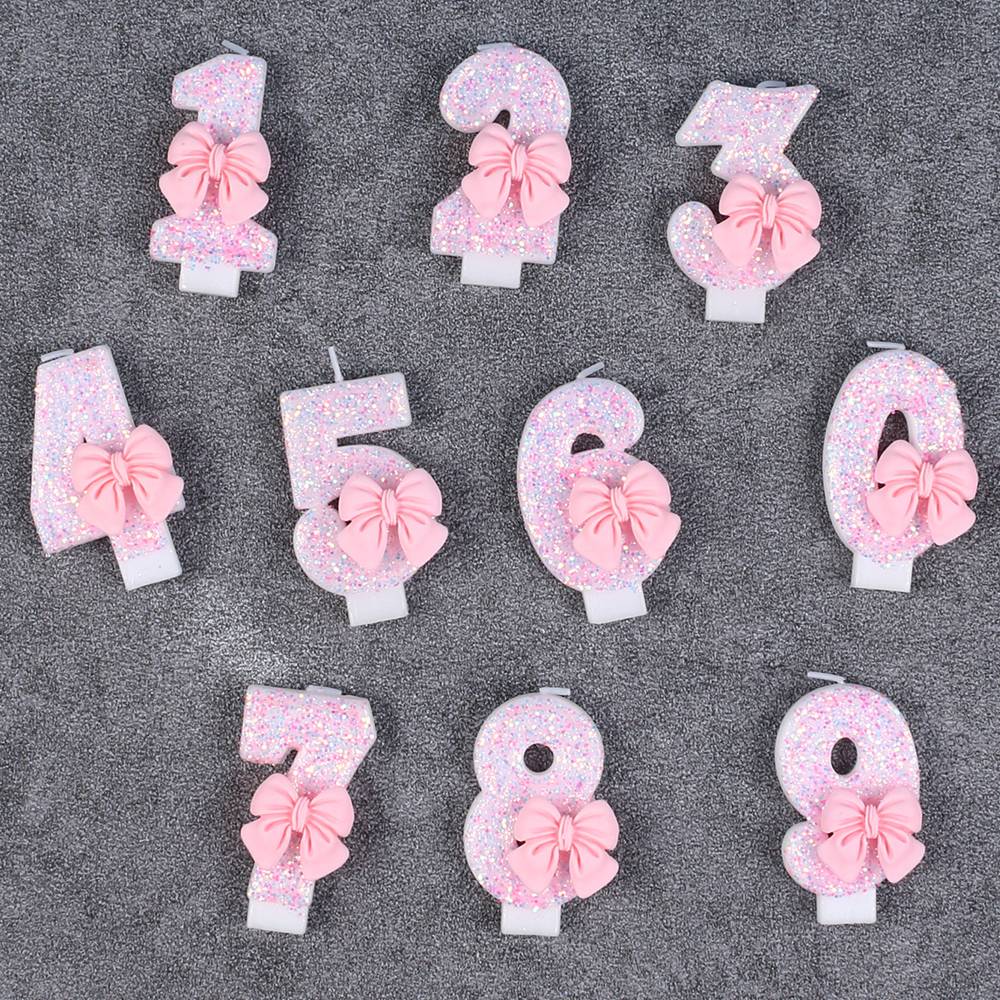 Pink Bow Number Candle Glitter Candle Cake Topper 0-9 for Birthday Anniversary Party Cake Decoration Gifts