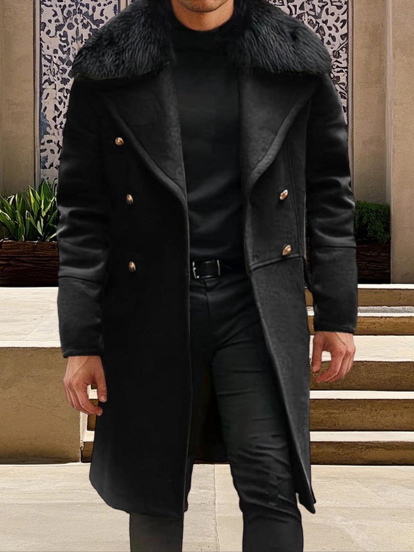 Men s Classic Double Breasted Trench Coat with Removable Fur Collar Mid-Length Wool Blend Overcoat for Winter Warmth