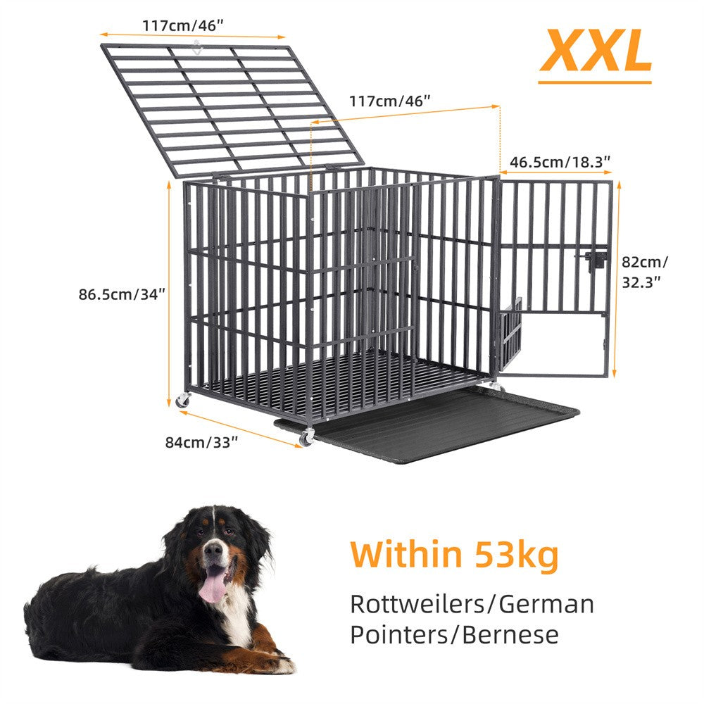 Caixa Grande Reforçada para Cães XXL Gaiola Resistente para Animais de Estimação Tubo Quadrado de Metal Canil Cercadinho com Rodas Traváveis e Bandeja