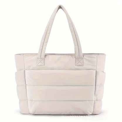 Quilted Large Capacity Tote Bag for Women Durable Fabric with Zipper Closure & Wrist Strap, Spacious Gym Beach Work Travel Bag