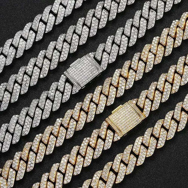 Hip Hop Shiny 15MM Cuban Link Chain Necklace Women Men Silver Color Rhinestone Iced Out Cuban Chain Punk Jewelry Necklace Gift