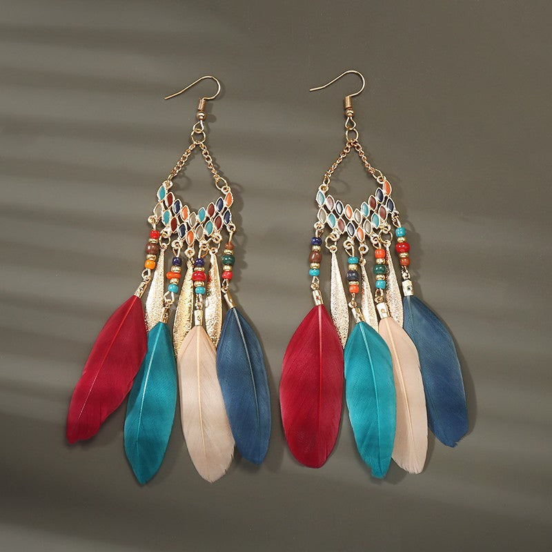 Brincos femininos longos de pena estilo boho, praia, com borla longa, miçangas, flores artesanais esmaltadas, para noiva, casamento, Pendientes Mujer