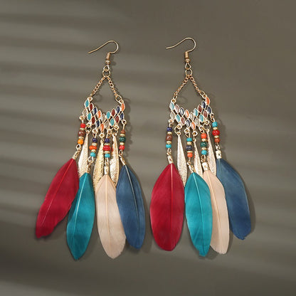 Brincos femininos longos de pena estilo boho, praia, com borla longa, miçangas, flores artesanais esmaltadas, para noiva, casamento, Pendientes Mujer