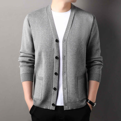 Designer Quality Men's V-Neck Knit Cardigan Autumn Winter New Solid Color Double Pocket Sweater Coat Casual Commute Menswear Top