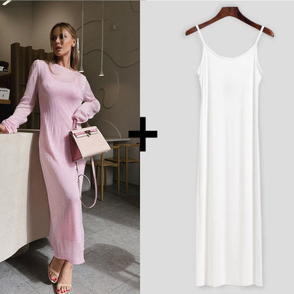 Spring Autumn O-Neck Elastic Knit Long Dresses Women 2024 Elegant Chic Soft Lady