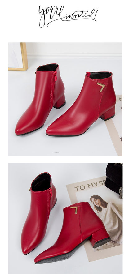 2025 New Autumn and Winter New Ankle Boots Thick Heel Pointed Toe Women Short Boots Fashion Leather Slim Boots Women Size42 Q233