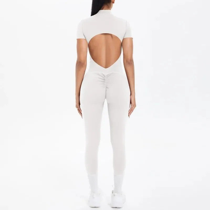 New Women's Yoga Jumpsuit Front Zipper Tight Back Hollow Out Short Sleeve-pants Activewear for Fitness Running Gym Workout