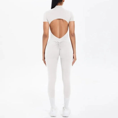 New Women's Yoga Jumpsuit Front Zipper Tight Back Hollow Out Short Sleeve-pants Activewear for Fitness Running Gym Workout