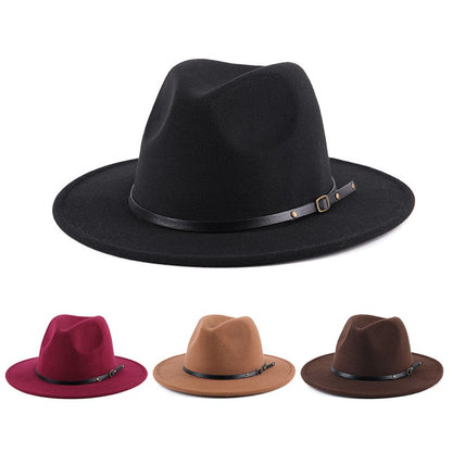 Fedora Hat For Men Women Solid Color Imitation Woolen Jazz Caps Elegant Female British Retro Wide Brim Cap Church Wedding Bowler
