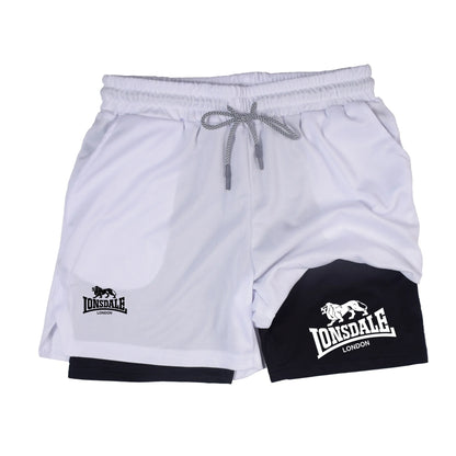 2 in 1 Running Shorts Men Workout Lonsdale Compression Shorts with Phone Pocket Towel Loop Summer Sport Athletic Activewear