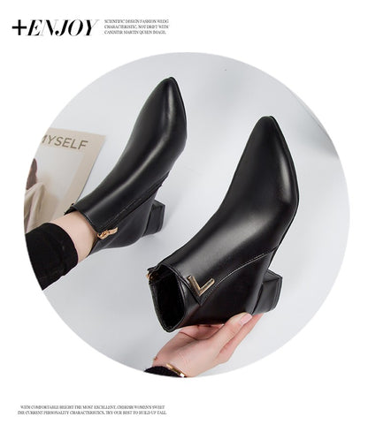2025 New Autumn and Winter New Ankle Boots Thick Heel Pointed Toe Women Short Boots Fashion Leather Slim Boots Women Size42 Q233