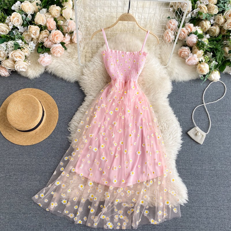 YuooMuoo Korean Fashion Daisy Flower Print Mesh Party Dress Summer Two Layers Sp
