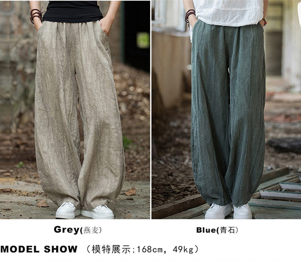 Elegant Women's Cotton Linen Baggy Cargo Pants Vintage Elastic Waist Yoga Trousers Loose Casual Long Wide Leg Oversize Clothes