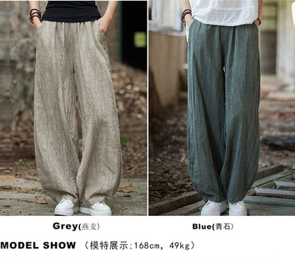 Elegant Women's Cotton Linen Baggy Cargo Pants Vintage Elastic Waist Yoga Trousers Loose Casual Long Wide Leg Oversize Clothes