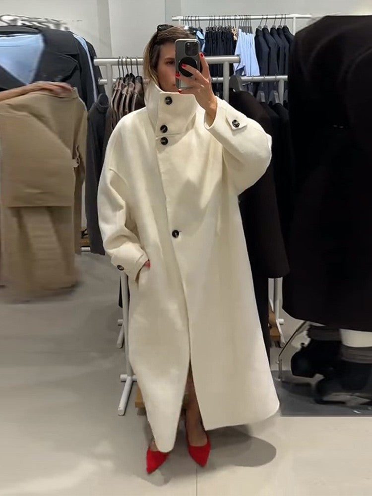 Elegant Stand Collar Long Coat Women Retro Chic Loose Single Breasted White Tweed Coats Lady 2025 Winter Casual Street Overcoats