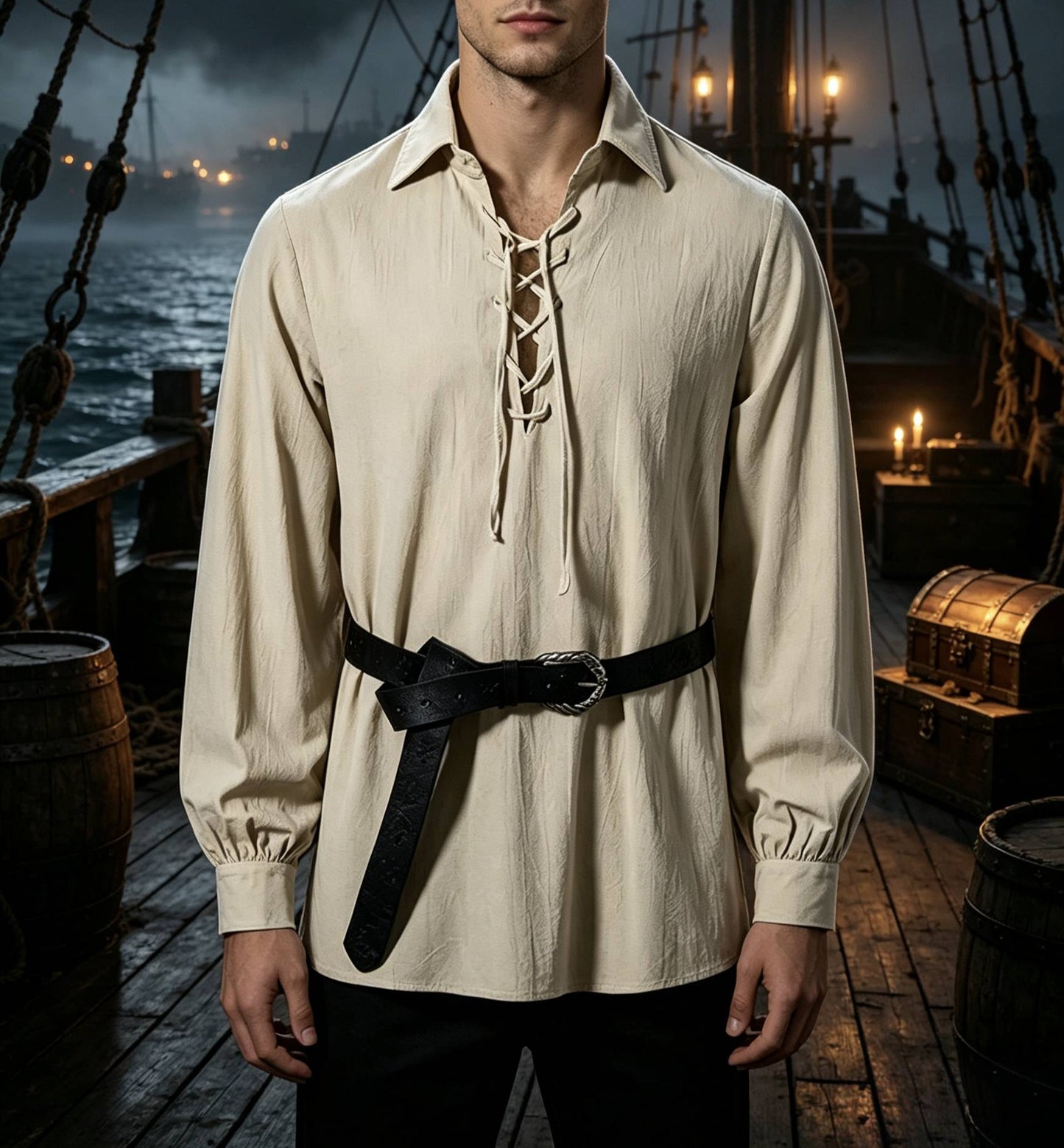 Men Medieval Pirate Shirt Lapel Lace Up Long Sleeve Blouse Renaissance Viking Halloween Cosplay Loose Puff Cuff Tops
