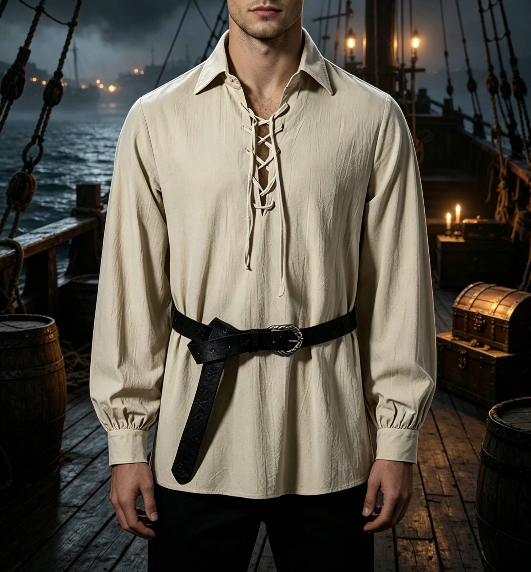 Men Medieval Pirate Shirt Lapel Lace Up Long Sleeve Blouse Renaissance Viking Halloween Cosplay Loose Puff Cuff Tops