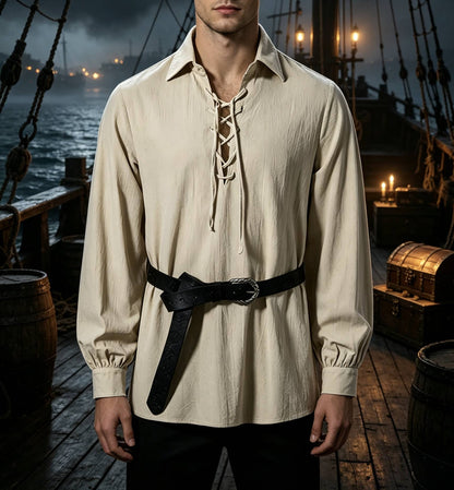 Men Medieval Pirate Shirt Lapel Lace Up Long Sleeve Blouse Renaissance Viking Halloween Cosplay Loose Puff Cuff Tops