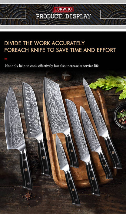 Conjunto de Facas TURWHO 1-6 Peças Aço Damasco 67 Camadas Facas de Cozinha Santoku Faca de Chef Faca Multiuso Para Pão Ferramentas de Cozinha