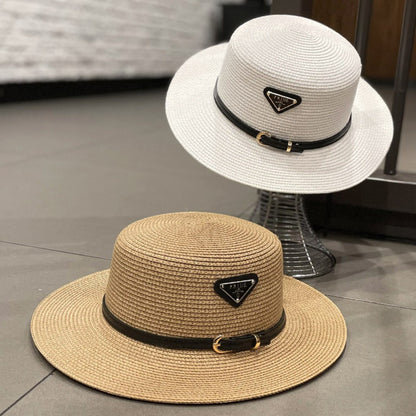 Straw Sun Hat for Children Kids Triangular Metal Logo Woven Beach Hat Spring Summer Fashion Vacation Sun Protection Wide Brim