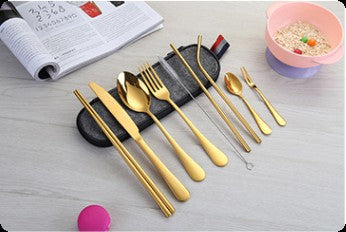 Conjunto de Talheres de Aço Inoxidável, Portátil, Faca, Garfo, Colher, Hashi, Canudo, Ocidental, Presente de Viagem, Conjunto de 9 Peças