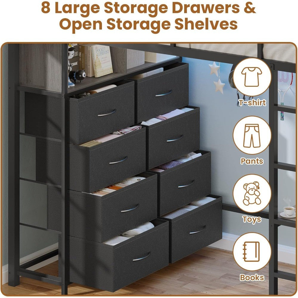 Twin Loft Bed with Desk & 8 Storage Drawers Tall Dresser, Black Metal Loft Bed with LED Lights & Charging Station, 2-Tier