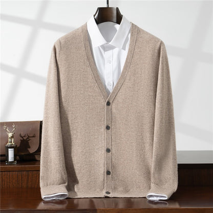 New Simple Button-Up Long Sleeve 100% Wool Cardigan Men's V-Neck Autumn Winter Versatile Commuter Sweater Knitted Jacket