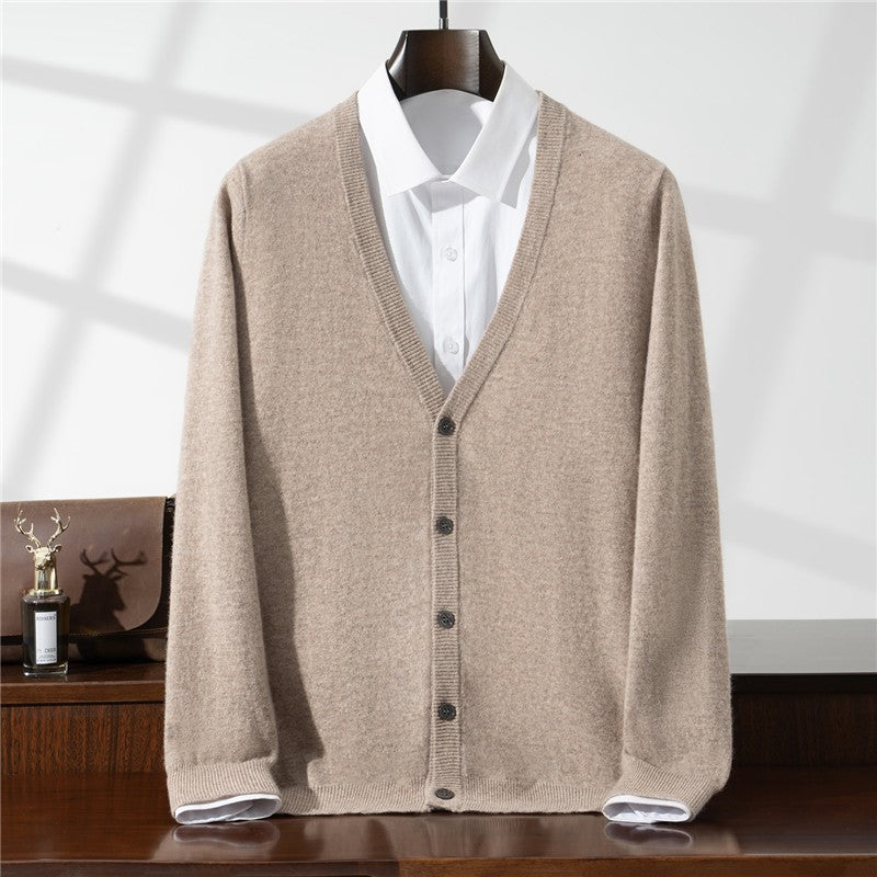 New Simple Button-Up Long Sleeve 100% Wool Cardigan Men's V-Neck Autumn Winter Versatile Commuter Sweater Knitted Jacket