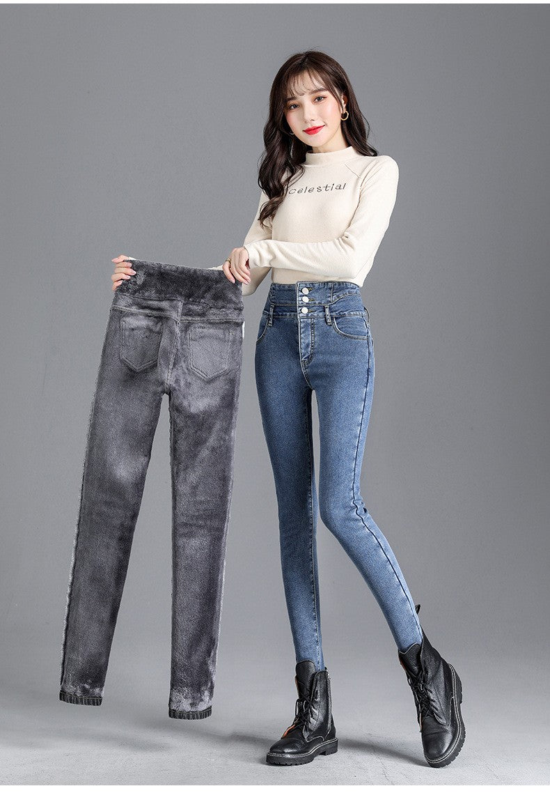 Autumn Winter Skinny Jeans Fashion Women Thermal Fleece High Waist Stretch Warm Pencil Pants Casual Velvet Button Denim Pant